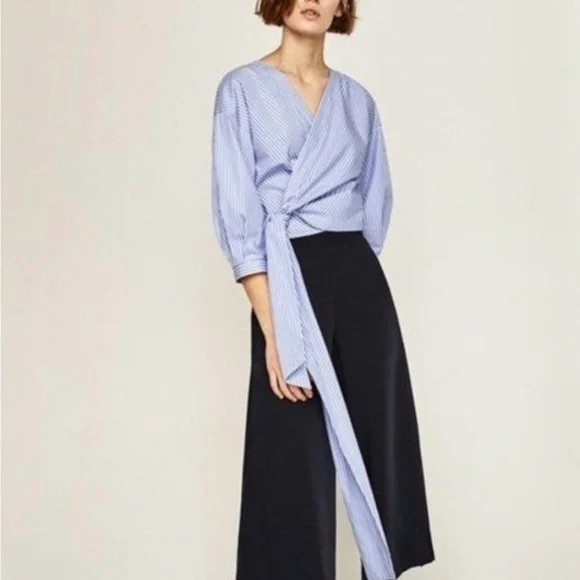 Zara Striped Blue Wrap around Blouse 3/4 sleeve XS - Picture 2 of 8